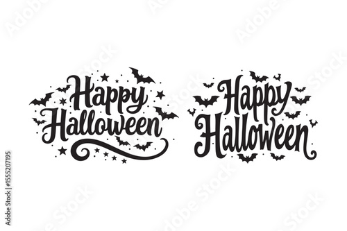 Happy Halloween Calligraphy with Bats and Stars Vector Design