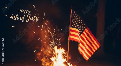 Celebrating Independence Day Fireworks and American Flag Bonfire