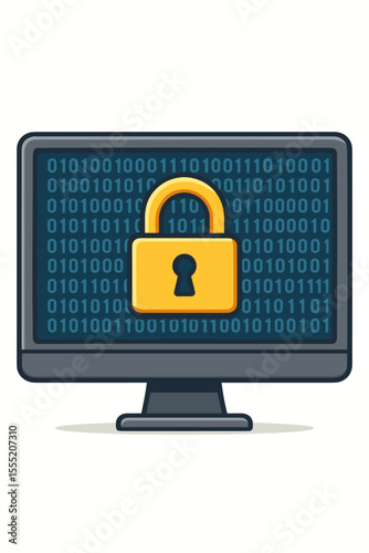 Cybersecurity concept with padlock on computer screen. Digital data protection and privacy technology. Secure information access with binary code background. Vector illustration.