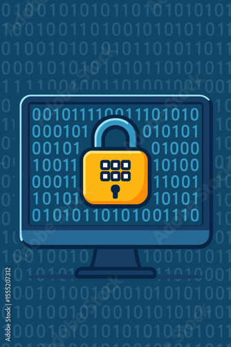 Digital Security Lock Icon with Binary Code on Computer Screen. Secure data privacy, network protection, internet access. Cybersecurity, personal online safety vector illustration.