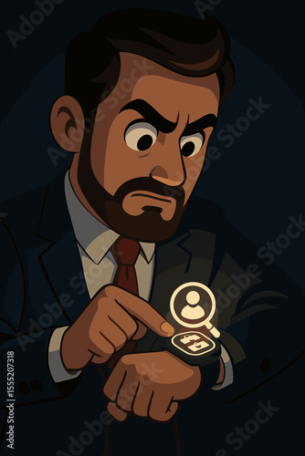 Businessman searching for a job candidate on a smartwatch. HR, recruitment, and career concept. Professional manager headhunting for an employee for a vacancy. Modern technology vector.