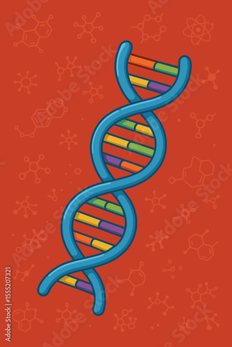 DNA molecule structure cartoon illustration. Science concept of a double helix strand, gene code, and chromosome. Vector for genetics, biochemistry, biology, and medical research.