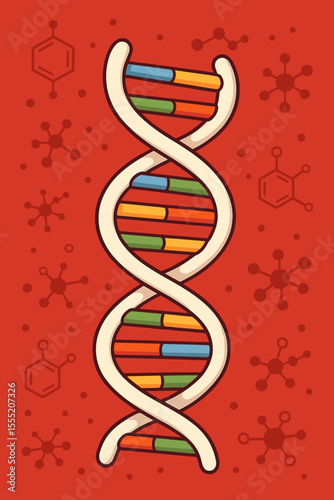 Colorful DNA molecule double helix structure with biochemistry molecular background, genetic code vector illustration, science and biology concept, medical research design