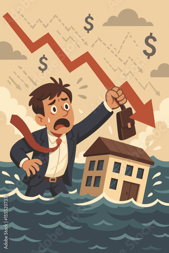 Desperate businessman struggles to keep company afloat amidst financial crisis, market instability, economic downturn, and business collapse.