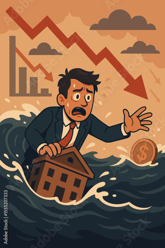 Financial crisis concept of a man drowning in debt. Stressed businessman clings to a sinking house during an economic recession. Housing market crash and bankruptcy metaphor. Vector cartoon.