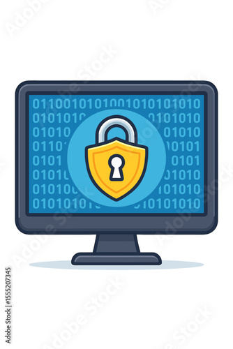 Cybersecurity concept with padlock on computer screen. Digital data protection and internet security symbol. Secure network access with binary code. Vector cartoon illustration.