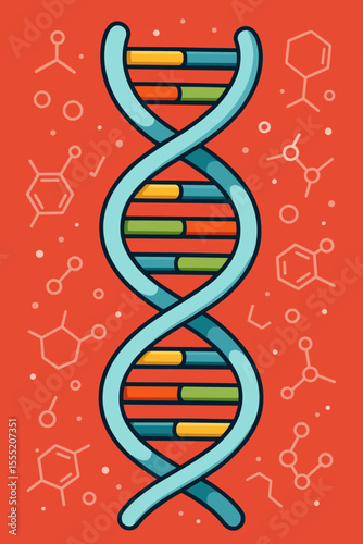 DNA double helix structure. Cartoon vector illustration of a molecule for science, genetics, and biochemistry. Medical or biotechnology concept with chemical formulas on a red background.
