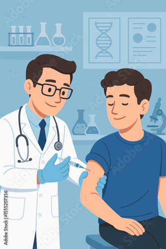 Doctor Administering Flu Vaccine with Syringe in Laboratory for Medical Research, Patient Vaccination in Healthcare Clinic, Disease Prevention, Immunity and Health Protection Concept