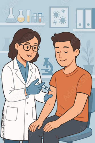 Doctor Administering Flu Vaccine Injection to Male Patient in Medical Laboratory, Immunization and Healthcare Concept, Virus Protection, Vaccination Campaign, Vector Cartoon Illustration