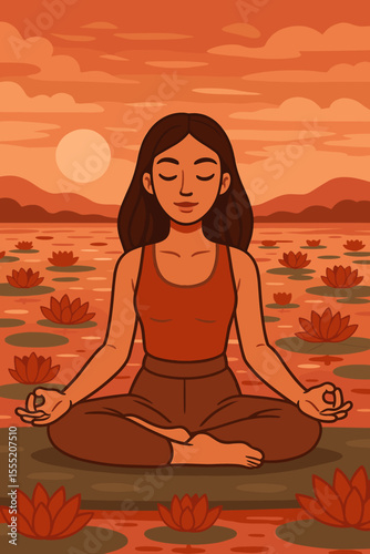 Serene Woman Meditating Yoga Pose at Sunset by Red Lotus Lake. Vector Cartoon Illustration. Peaceful Mindfulness, Relaxation, Zen, Spiritual Harmony.
