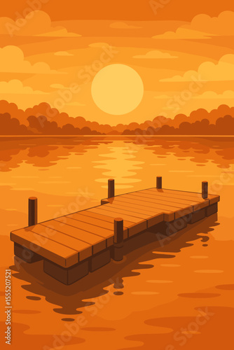 Serene floating pontoon dock on tranquil lake water during golden hour sunset. Beautiful calm landscape illustration with reflections, perfect for relaxation and travel themes.
