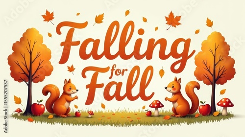 lettering “Falling for Fall” in orange gradient, playful layout with squirrels, mushrooms, apples, and trees, childlike friendly tone