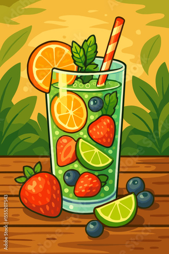 Fresh fruit detox drink vector cartoon illustration. Summer smoothie in glass with strawberry, orange, lime, and blueberry. Healthy organic refreshment concept for cafe menu.