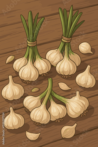 Fresh garlic bunches, bulbs and cloves on a rustic wooden table background. Aromatic vegetable ingredient for cooking and seasoning. Healthy organic food concept. Vector illustration.