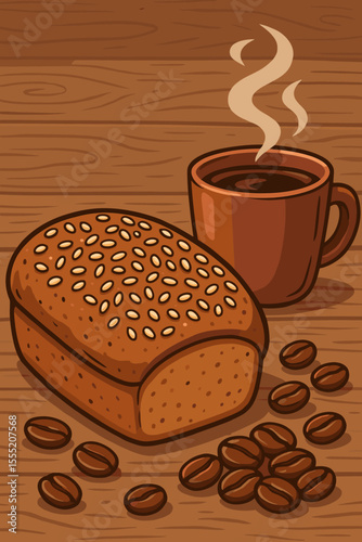 Freshly Baked Wheat Bread with Sesame Seeds, Roasted Coffee Beans, and Steaming Hot Coffee Mug on Rustic Wooden Surface, Breakfast Food Concept, Vector Cartoon Illustration