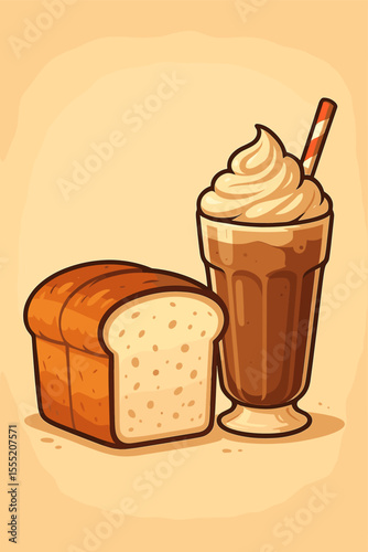 Delicious cartoon white bread loaf and creamy chocolate milkshake with whipped cream, straw, and copy space. Sweet breakfast snack illustration.