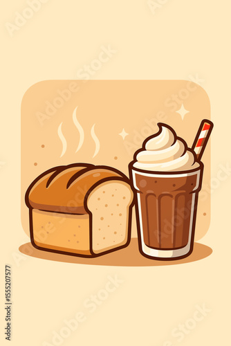Freshly baked loaf of white bread with slice and steamy chocolate milkshake, whipped cream, straw, hot steaming bread with room for text, isolated vector cartoon