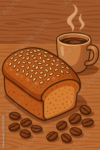 Freshly Baked Wheat Bread with Sesame Seeds, Roasted Coffee Beans, and Steaming Coffee Mug on Rustic Wooden Table, Breakfast Food Vector Cartoon Illustration