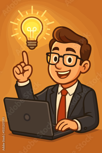 Entrepreneurial businessman cartoon in suit with laptop having a bright idea, glowing light bulb above head, innovation, eureka moment, business solution, creativity, success
