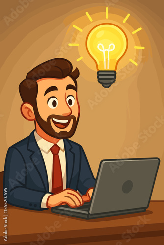 Businessman gets a great idea while working on a laptop. Glowing light bulb metaphor for innovation, inspiration, creativity, and solution. Successful entrepreneur eureka moment concept.
