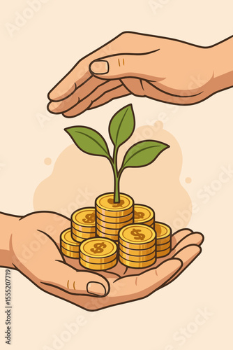 Hands nurturing a money plant seedling growing from gold coins. Concept of financial growth, savings, investment, and wealth protection. Business profit and return on investment.