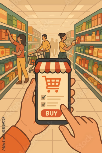 Online grocery shopping in supermarket aisle, mobile app purchase, digital retail technology, people choosing products, e-commerce convenience, vector illustration, modern consumer behavior