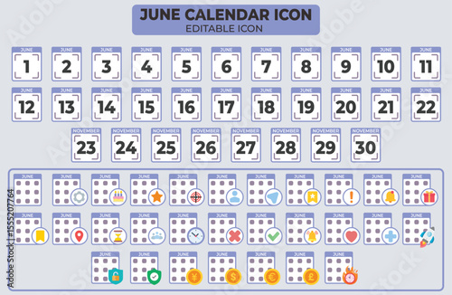Editable June Calendar Icon Set with Highlighted Dates and Special Events Templates Vector Illustration