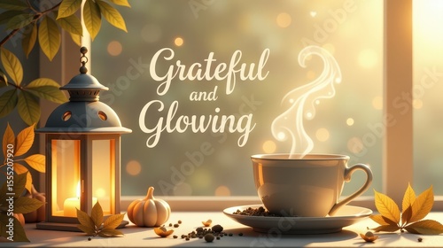 lettering phrase “Grateful and Glowing”, placed on a background of golden leaves, flickering lanterns, and a steaming herbal tea mug, cozy ambient elements
