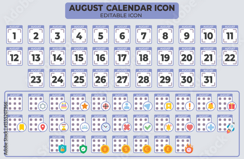 August Calendar Icon Set with Editable Elements for Planning and Scheduling Applications