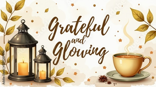 lettering phrase “Grateful and Glowing”, placed on a background of golden leaves, flickering lanterns, and a steaming herbal tea mug, cozy ambient elements