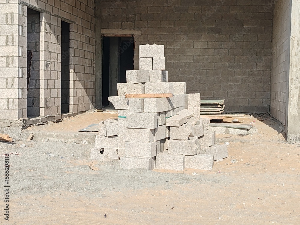 Obraz premium Block or Tabook, Concrete block on construction site, Cement blocks pallet. Cement bricks for building construction. Concrete block or cement block on construction site used for construct villa's