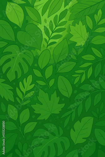 Vibrant green foliage seamless pattern with assorted tropical and deciduous leaves. Fresh nature botanical background. Lush plant leaf texture. Vector cartoon illustration for eco design projects