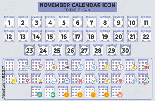 Editable November Calendar Icon Set with Various Event and Reminder Symbols for Design