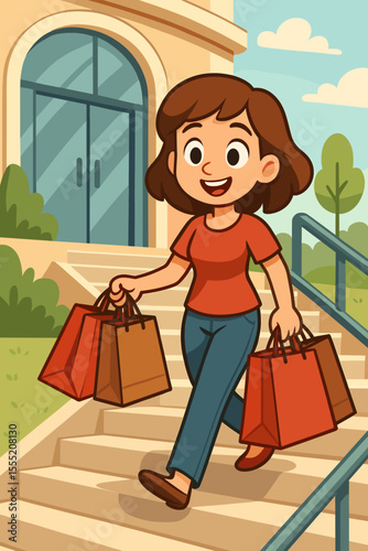 Happy woman shopping at mall carrying red and brown bags, walking down outdoor stairs, cartoon vector illustration, retail therapy, consumer lifestyle, modern shopping experience, urban scene