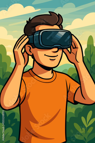 Cartoon man wearing virtual reality headset outdoors, blending technology with nature, immersive VR experience, modern digital lifestyle, summer landscape, vector illustration