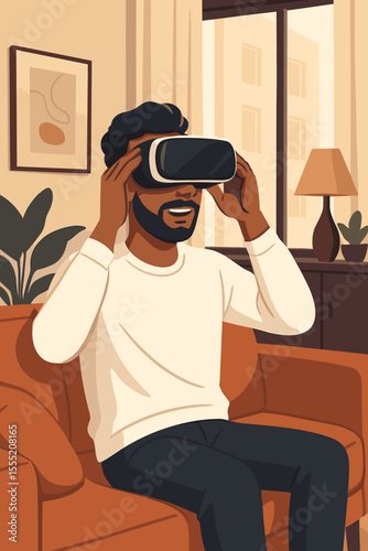 Modern man enjoying immersive virtual reality experience at home, sitting on sofa with VR headset, contemporary living room interior, digital entertainment, technology lifestyle vector illustration