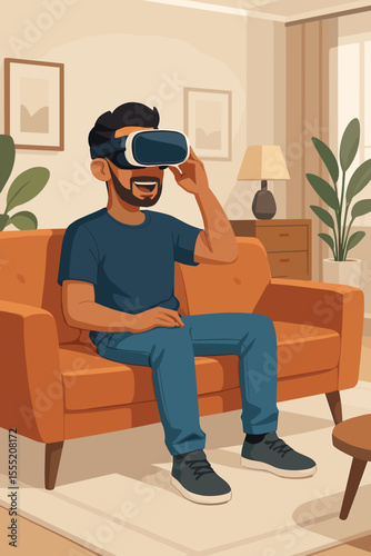 Young man using modern VR headset on stylish orange sofa in cozy contemporary living room, enjoying immersive virtual reality technology at home. Vector illustration of digital entertainment lifestyle