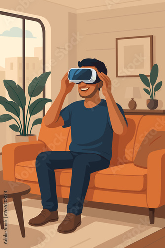 Modern man using virtual reality headset at home. Immersive VR technology experience on sofa in stylish living room interior. Futuristic digital entertainment. Vector cartoon illustration.