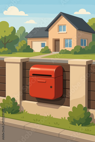 Modern red mailbox on residential fence, suburban house exterior, front yard landscaping, sunny day, vector cartoon illustration, home delivery, secure post box, neighborhood scene