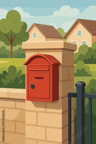 Red mailbox on brick wall fence in suburban residential neighborhood. Modern secure mail box. Front yard, green garden, trees, houses, blue sky. Vector cartoon illustration. No text, copy space