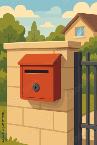 Modern red mailbox on stone wall fence in suburban residential area. Secure mail slot, house exterior, green garden, blue sky. Vector cartoon illustration for home delivery and communication concepts.