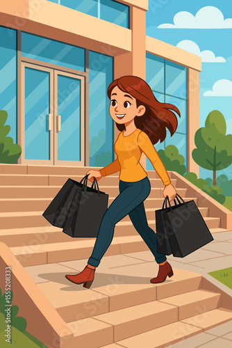 Stylish woman walking up outdoor mall steps carrying multiple black shopping bags, retail therapy, Black Friday sale, shopping spree, modern urban lifestyle, vector cartoon illustration