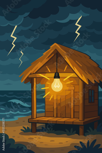 Cozy wooden beach hut illuminated by glowing light bulb during dramatic thunderstorm, dark stormy sky, ocean waves, lightning strikes, night coastal scene, vector cartoon illustration