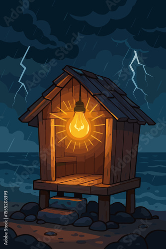 Glowing Light Bulb Illuminates Wooden Seaside Hut During Thunderstorm Night, Lightning Strikes, Rainy Ocean Coast, Safety Shelter, Hope Concept, Vector Cartoon Illustration