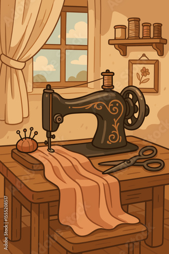 Cozy Vintage Sewing Room Scene with Antique Sewing Machine, Fabric, Scissors, Pincushion, Spools of Thread, Sunlit Window, and Homey Decor. Cartoon Vector Illustration of Tailoring Workspace