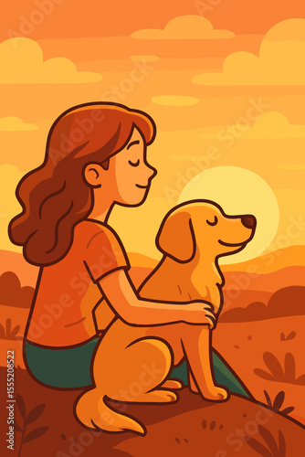 Serene sunset companionship, woman and dog sitting together outdoors, peaceful evening landscape, friendship, relaxation, happiness, vector cartoon illustration, nature, warm orange tones