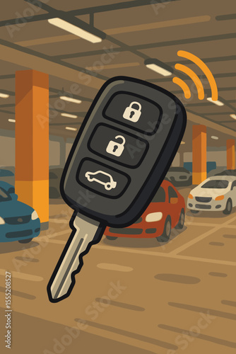 Vector illustration of remote car key with wireless signal, electronic security system, vehicle access control, smart key fob in indoor parking garage, automotive technology, transportation safety