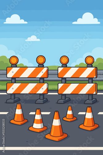 Cartoon highway road safety equipment with orange traffic barriers, striped warning signs, and safety cones arranged for construction, detour, or roadblock. Vector illustration, outdoor scene