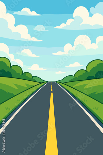 Cartoon highway perspective with yellow center line, empty asphalt road stretching into distance, scenic countryside landscape, blue sky, fluffy clouds, green hills, travel journey concept
