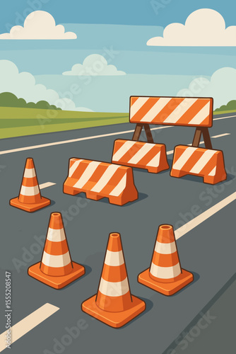 Traffic safety cones and barriers on highway, road construction warning signs, orange striped barricades, vector cartoon illustration, road closure, street safety equipment, no text design
